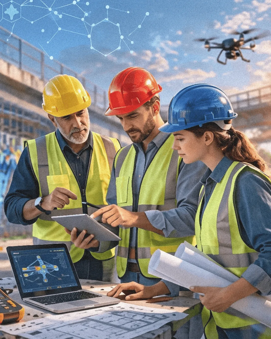 Engineers using AI technology for concrete repair diagnostics